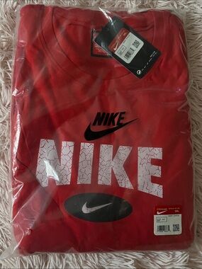 Nike Red Short Sleeve Logo Tee with White Crackle Lettering